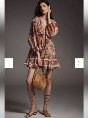 NWOT FARM Rio Boho Paisley V-Neck Mini Dress in Rust